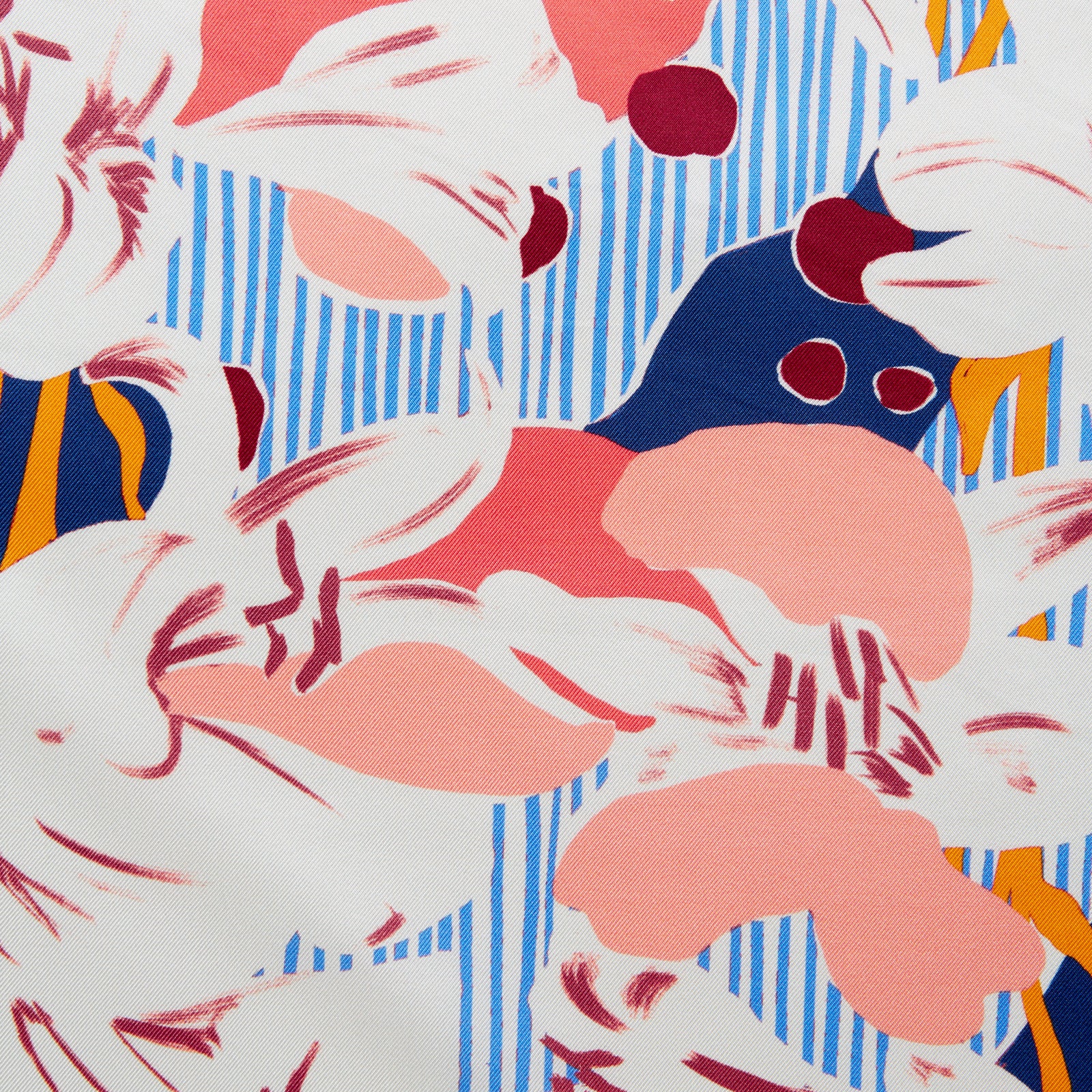 View 3 of product The Pink and Red Lily Silk Pocket Square by Turnbull & Asser features a vibrant, hand-drawn floral design with large lilies and abstract shapes in pink, white, blue, and yellow on pale blue vertical stripes.