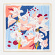 The Pink and Red Lily Silk Pocket Square by Turnbull & Asser features a vibrant, hand-drawn floral design with large lilies and abstract shapes in pink, white, blue, and yellow on pale blue vertical stripes.