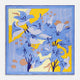 The Blue and Yellow Lily Silk Pocket Square by Turnbull & Asser features a vibrant, hand-drawn design of large blue lilies with dark stems on a yellow background adorned with pale blue stripes and tan abstract shapes.