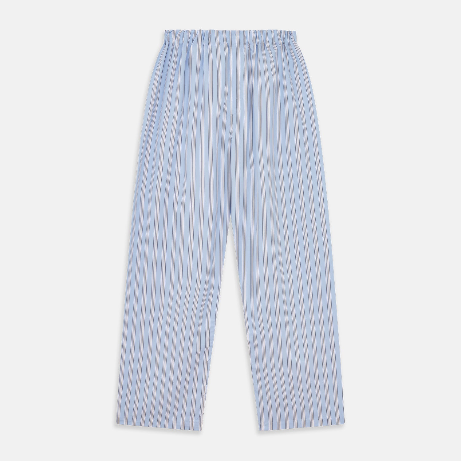 View 1 of product Turnbull & Asser Pale Blue Multi Stripe Cotton Hastings Pyjama Trousers with a modern fit, elastic waistband, and vertical white and yellow pinstripes, shown flat on a white background.