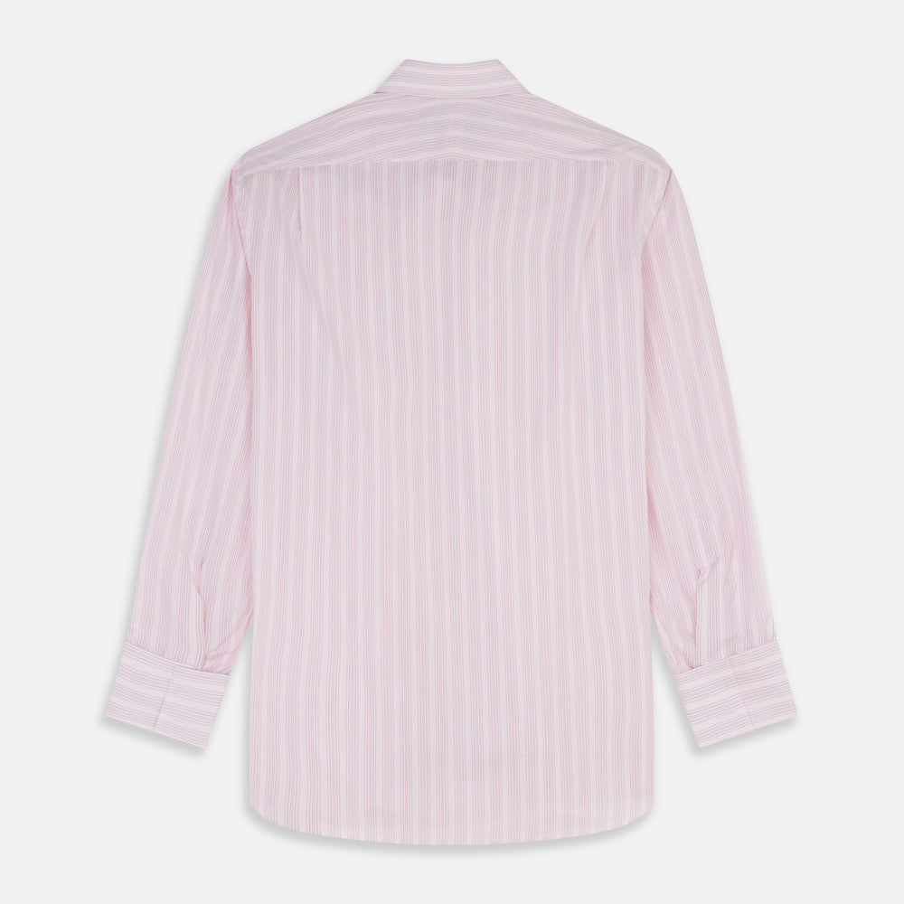 The Pink and Peach Multi Stripe Cotton Regular Fit Whitby Shirt by Turnbull & Asser features long sleeves, double cuffs, a button-down front, and a classic collar; shown laid flat on a white background.