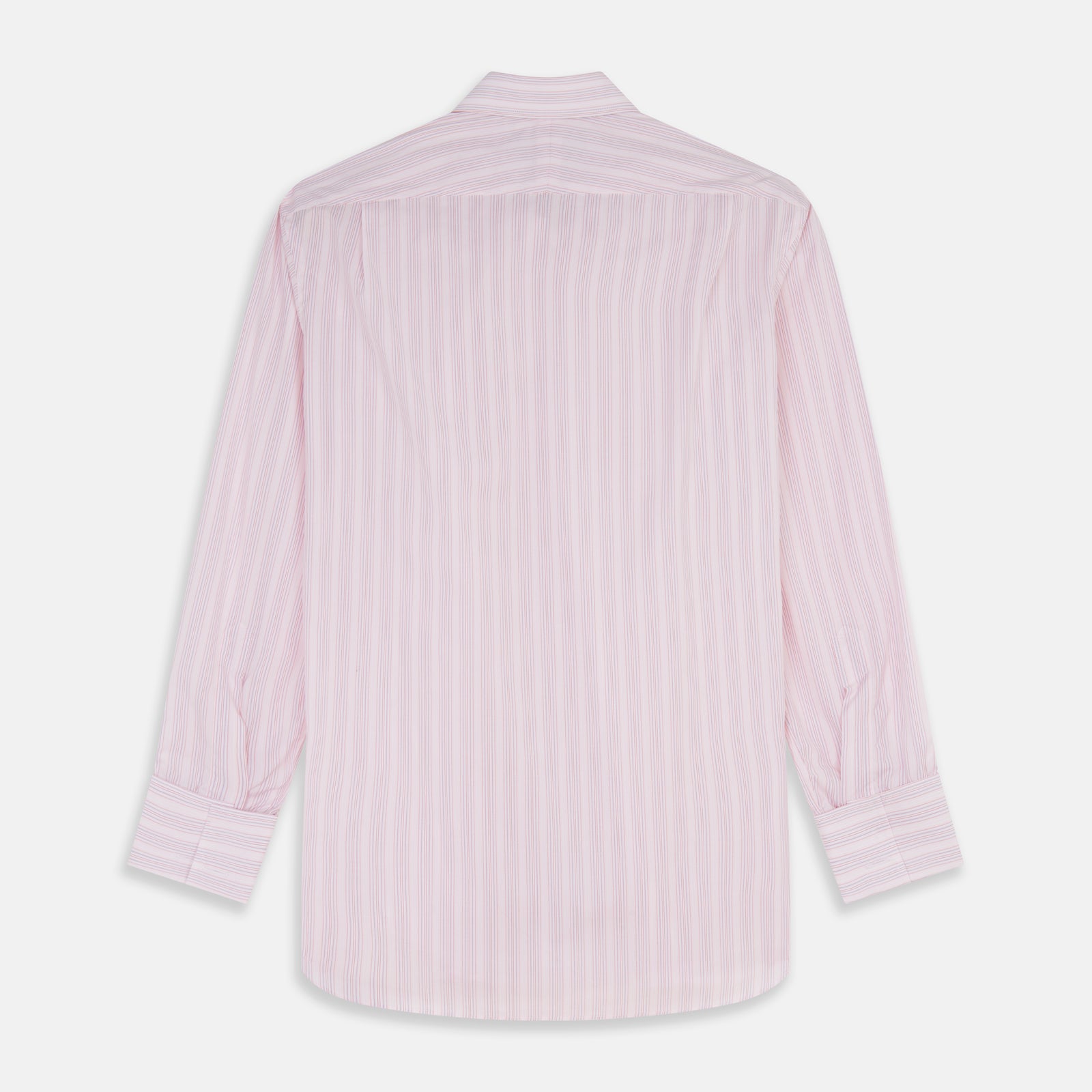 View 5 of product The Pink and Peach Multi Stripe Cotton Regular Fit Whitby Shirt by Turnbull & Asser features long sleeves, double cuffs, a button-down front, and a classic collar; shown laid flat on a white background.