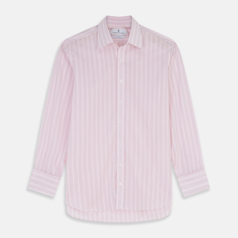 The Pink and Peach Multi Stripe Cotton Regular Fit Whitby Shirt by Turnbull & Asser features long sleeves, double cuffs, a button-down front, and a classic collar; shown laid flat on a white background.