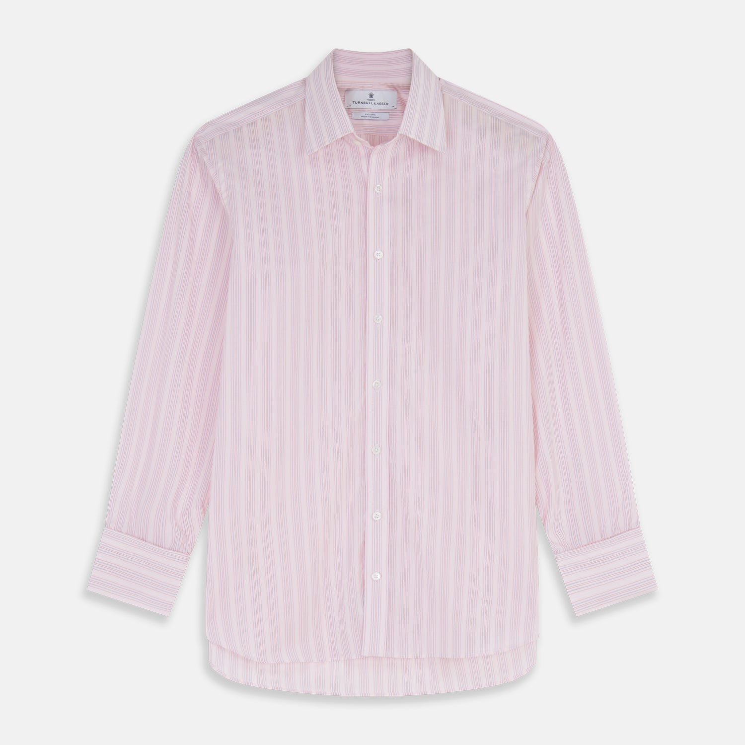 View 1 of product The Pink and Peach Multi Stripe Cotton Regular Fit Whitby Shirt by Turnbull & Asser features long sleeves, double cuffs, a button-down front, and a classic collar; shown laid flat on a white background.
