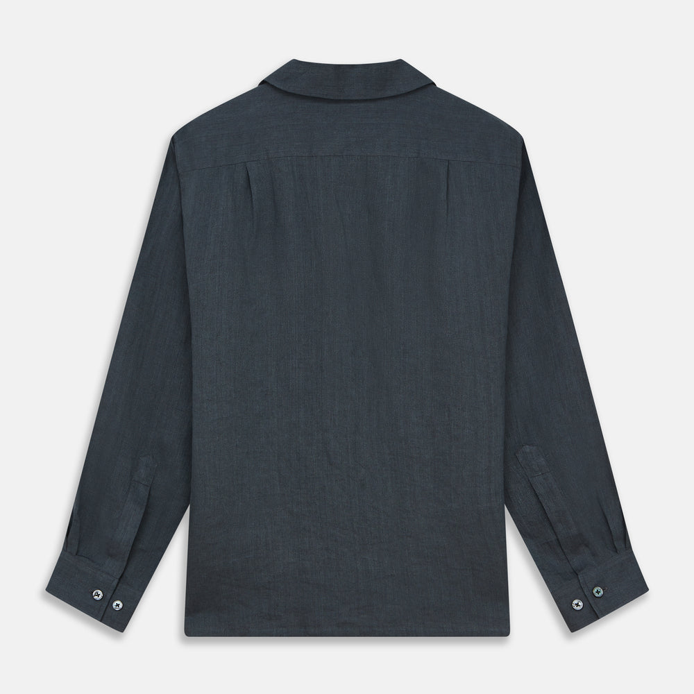 The Turnbull & Asser Grey Cotton and Linen Blend Holiday Fit Winnington Shirt features long sleeves, a spread collar, a left chest pocket, and white buttons, shown against a plain white background.