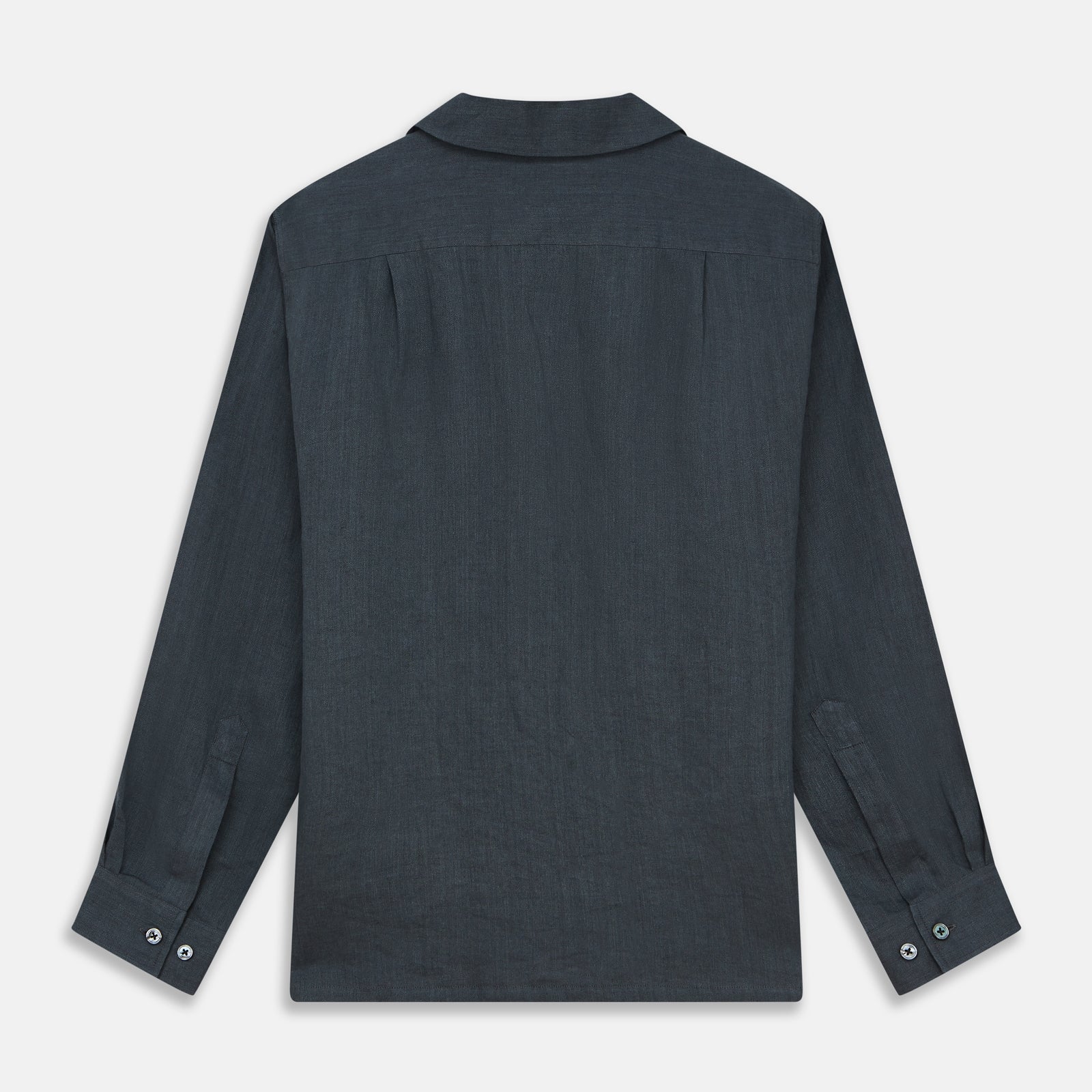 View 5 of product The Turnbull & Asser Grey Cotton and Linen Blend Holiday Fit Winnington Shirt features long sleeves, a spread collar, a left chest pocket, and white buttons, shown against a plain white background.