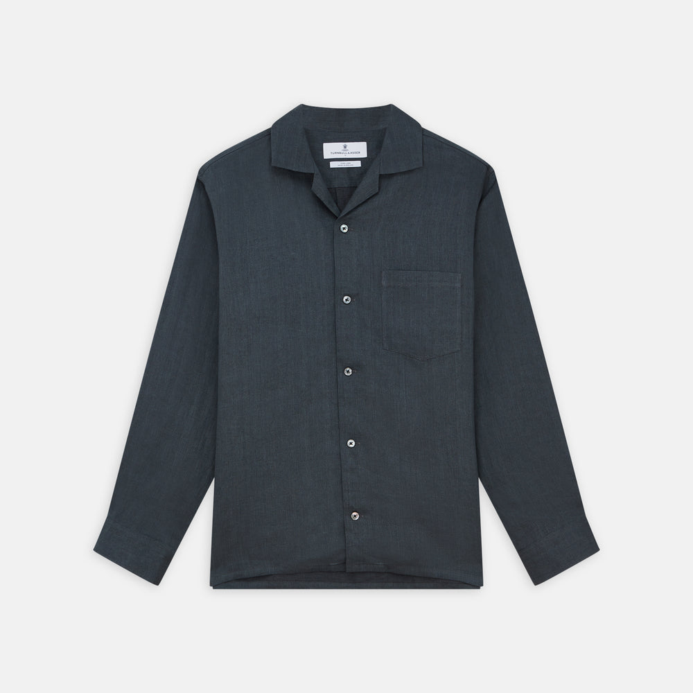 The Turnbull & Asser Grey Cotton and Linen Blend Holiday Fit Winnington Shirt features long sleeves, a spread collar, a left chest pocket, and white buttons, shown against a plain white background.