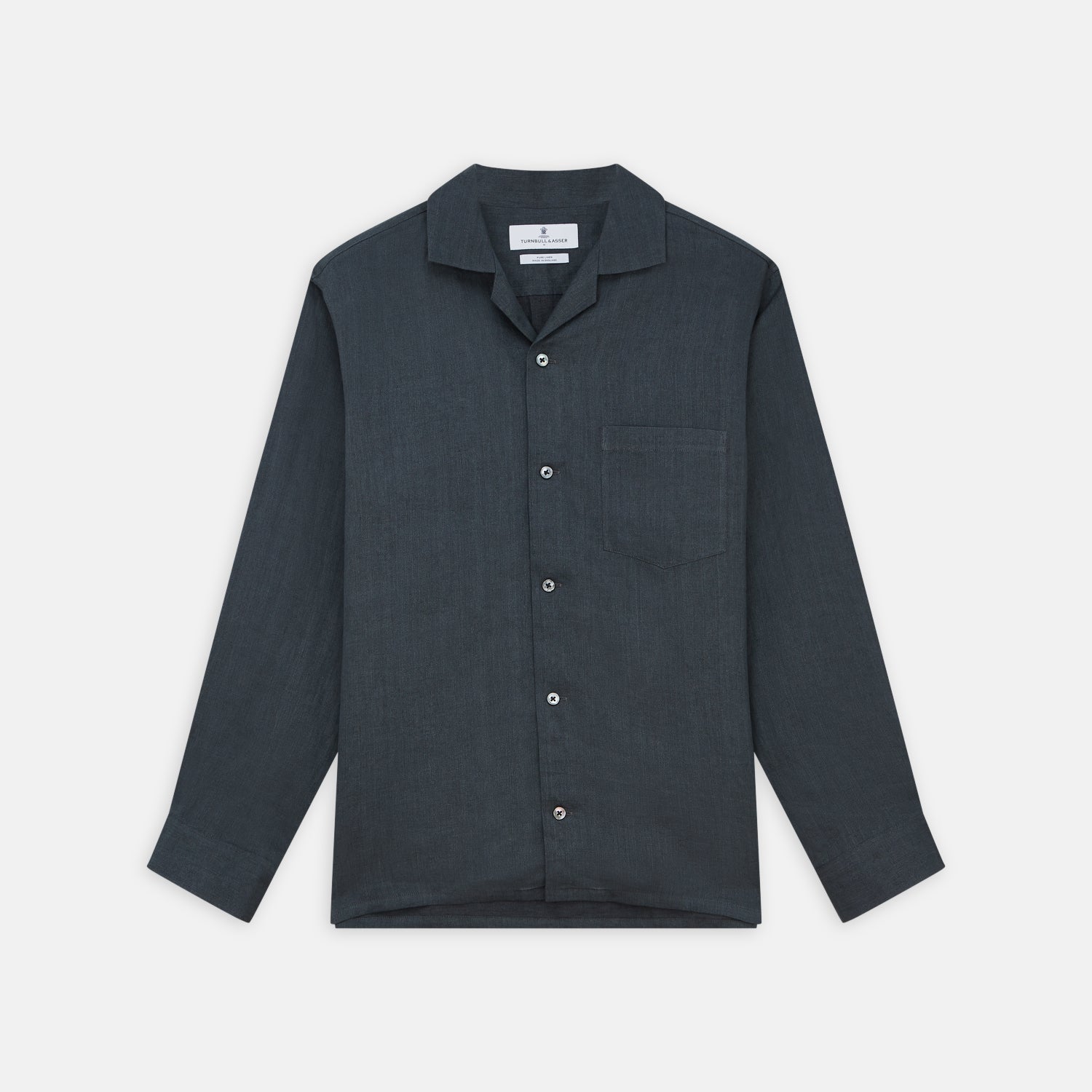 View 1 of product The Turnbull & Asser Grey Cotton and Linen Blend Holiday Fit Winnington Shirt features long sleeves, a spread collar, a left chest pocket, and white buttons, shown against a plain white background.
