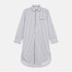 The Turnbull & Asser White and Navy Striped Cotton Sussex Nightshirt features long sleeves, a knee-length cut, a collar, front buttons, a chest pocket with dark trim, and a curved hem for modern comfort inspired by tradition.