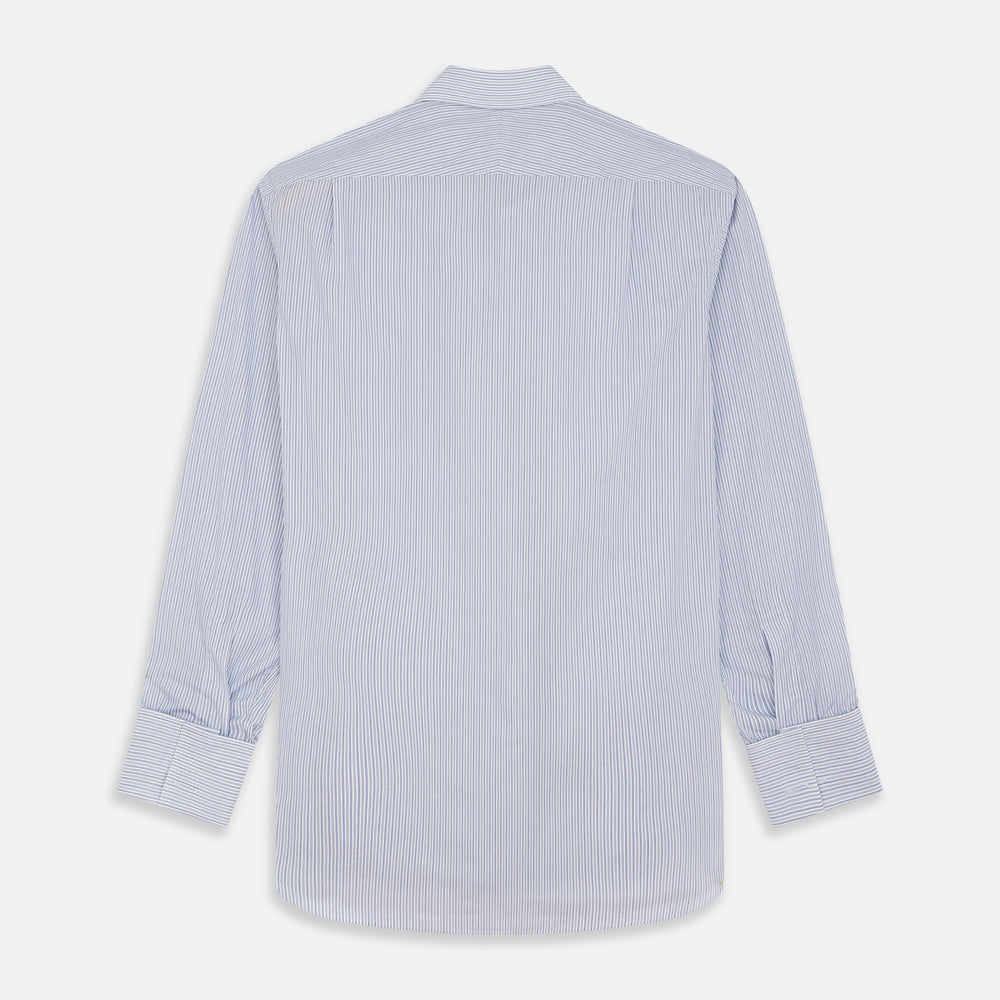 The Turnbull & Asser Blue Multi Stripe Cotton Regular Fit Whitby Shirt features long sleeves, a classic collar, button-down front, and double cuffs, shown laid flat on a white background.