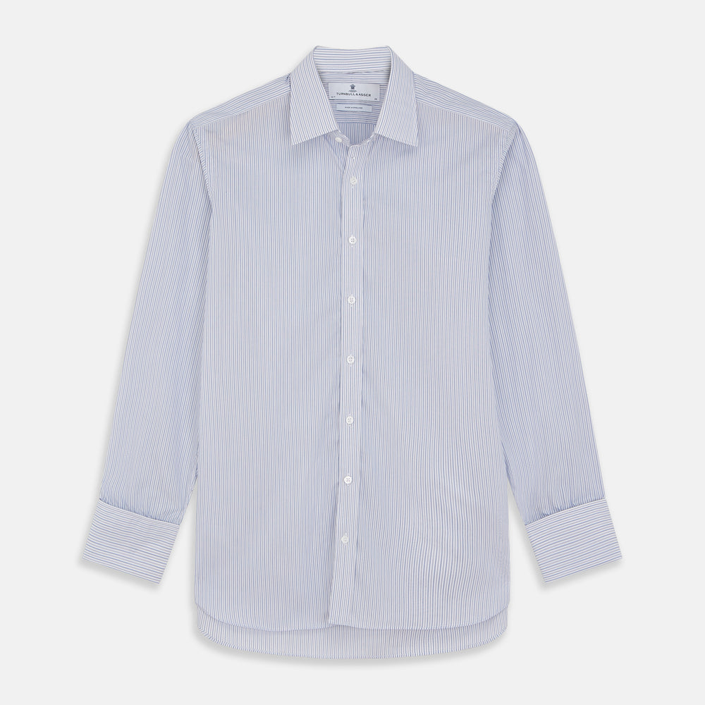 The Turnbull & Asser Blue Multi Stripe Cotton Regular Fit Whitby Shirt features long sleeves, a classic collar, button-down front, and double cuffs, shown laid flat on a white background.
