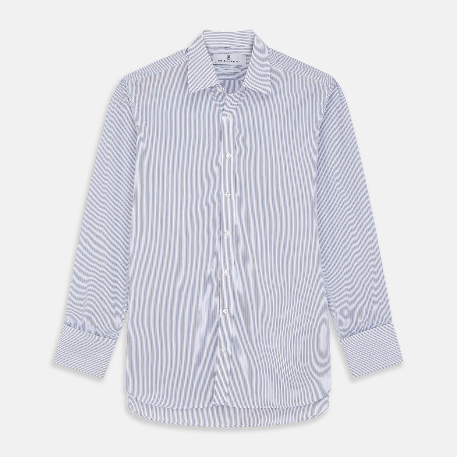 View 1 of product The Turnbull & Asser Blue Multi Stripe Cotton Regular Fit Whitby Shirt features long sleeves, a classic collar, button-down front, and double cuffs, shown laid flat on a white background.