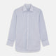 The Turnbull & Asser Blue Multi Stripe Cotton Regular Fit Whitby Shirt features long sleeves, a classic collar, button-down front, and double cuffs, shown laid flat on a white background.
