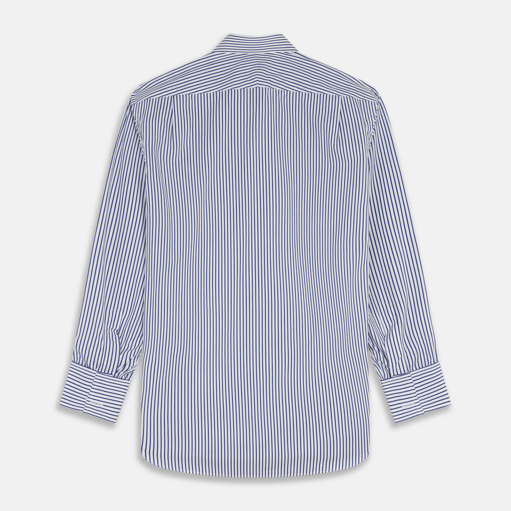 The Turnbull & Asser Navy Stripe Cotton Regular Fit Whitby Shirt features vertical blue and white stripes, long sleeves, a collar, double cuffs, and a button-down front, shown laid flat on a white background.