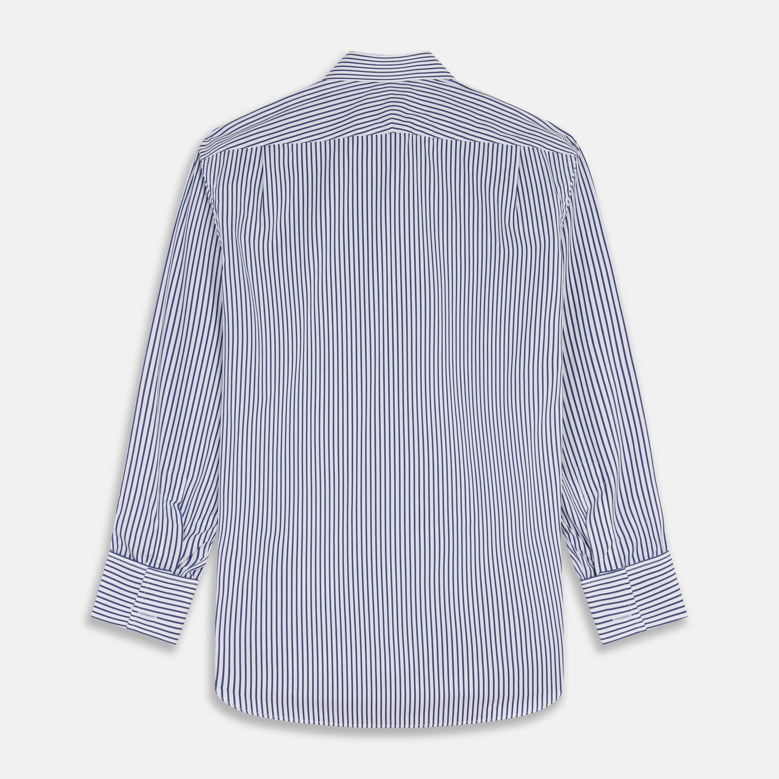View 5 of product The Turnbull & Asser Navy Stripe Cotton Regular Fit Whitby Shirt features vertical blue and white stripes, long sleeves, a collar, double cuffs, and a button-down front, shown laid flat on a white background.