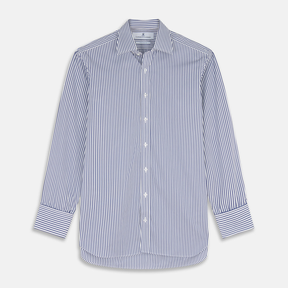 The Turnbull & Asser Navy Stripe Cotton Regular Fit Whitby Shirt features vertical blue and white stripes, long sleeves, a collar, double cuffs, and a button-down front, shown laid flat on a white background.