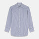 The Turnbull & Asser Navy Stripe Cotton Regular Fit Whitby Shirt features vertical blue and white stripes, long sleeves, a collar, double cuffs, and a button-down front, shown laid flat on a white background.