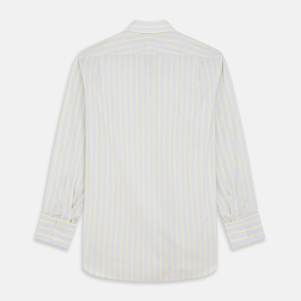 The Yellow and Pale Blue Multi Stripe Cotton Regular Fit Whitby Shirt by Turnbull & Asser features light blue and yellow stripes on white, a classic collar, white buttons, long sleeves, and wide double cuffs.