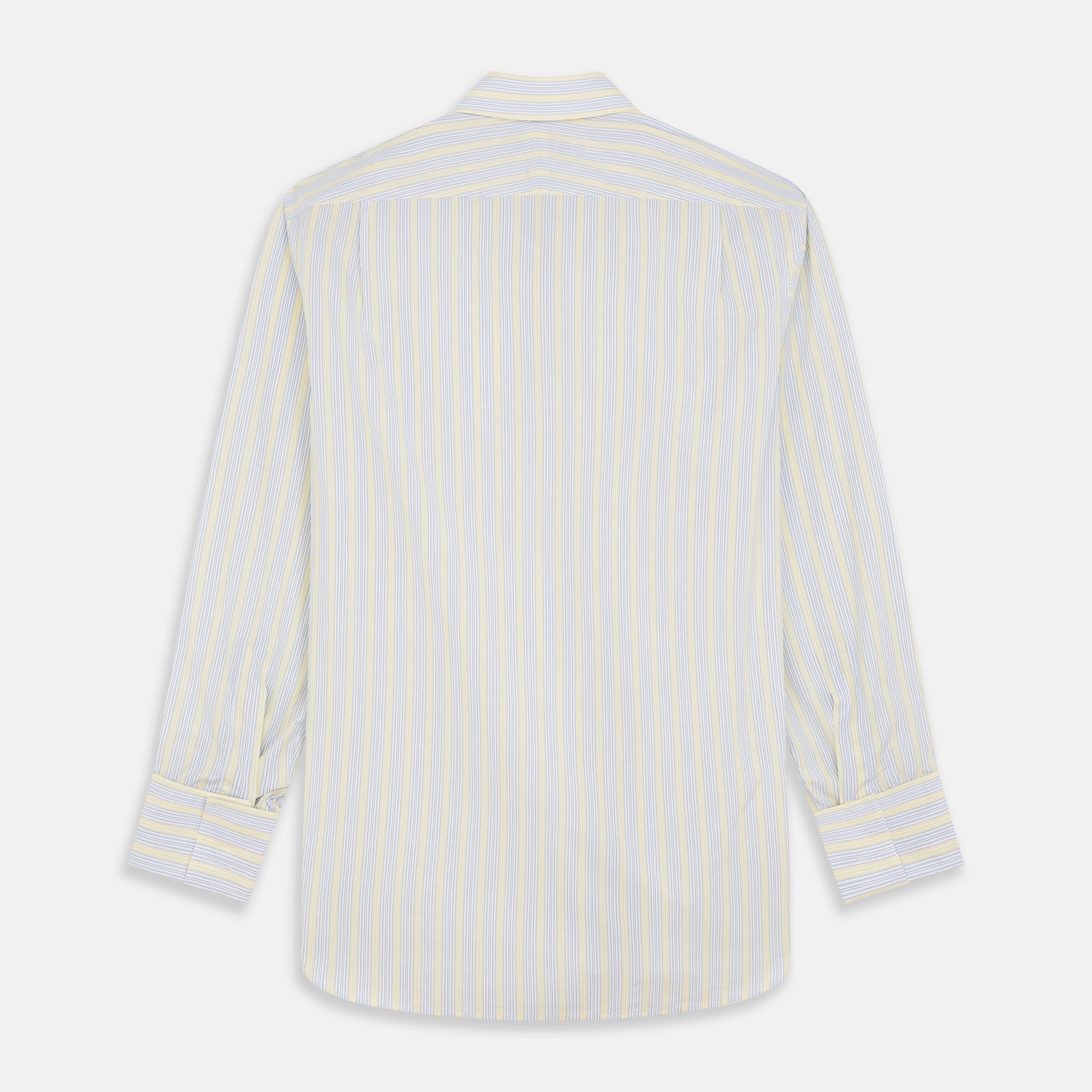 View 5 of product The Yellow and Pale Blue Multi Stripe Cotton Regular Fit Whitby Shirt by Turnbull & Asser features light blue and yellow stripes on white, a classic collar, white buttons, long sleeves, and wide double cuffs.