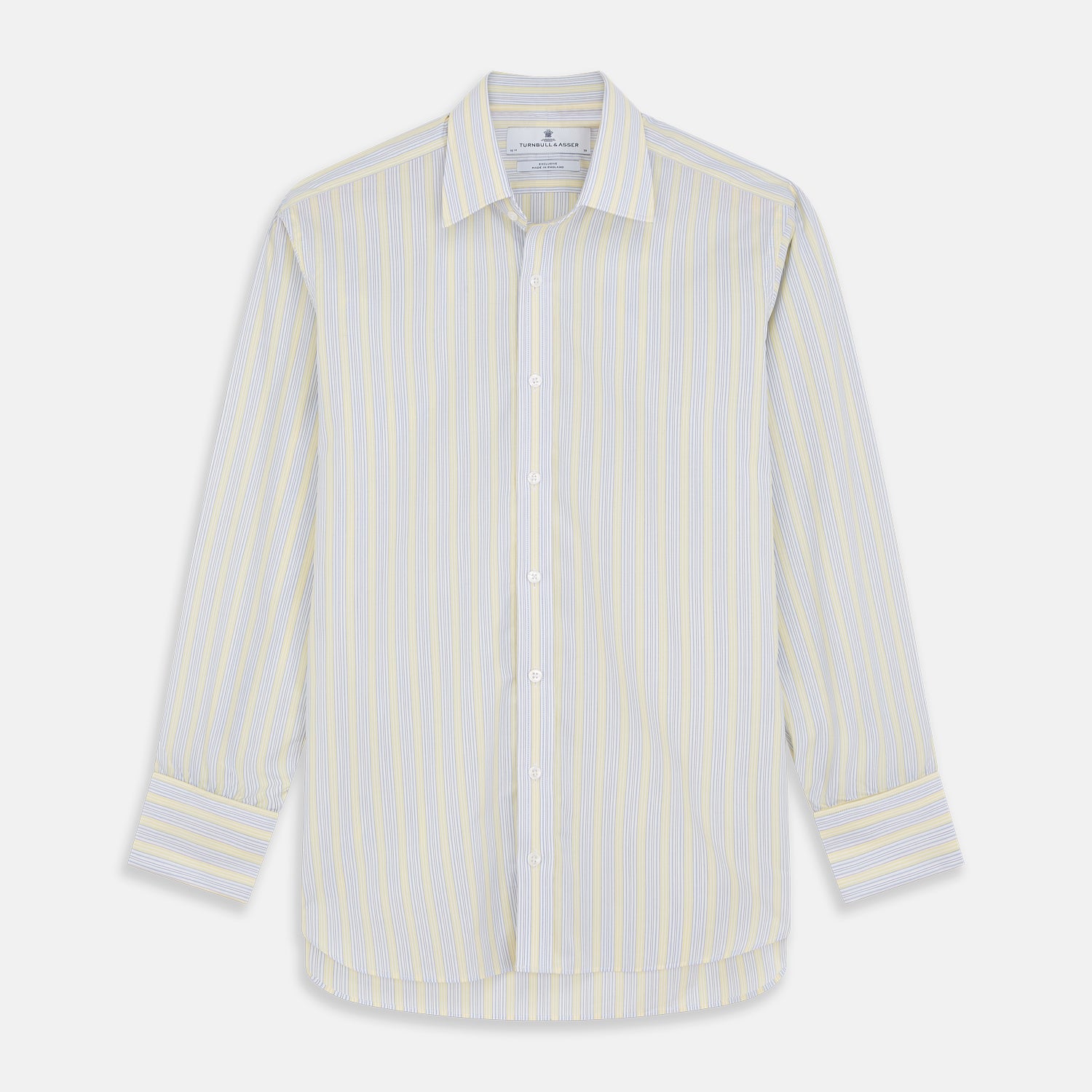View 1 of product The Yellow and Pale Blue Multi Stripe Cotton Regular Fit Whitby Shirt by Turnbull & Asser features light blue and yellow stripes on white, a classic collar, white buttons, long sleeves, and wide double cuffs.