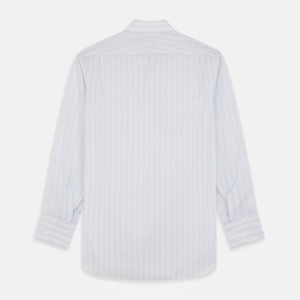 A Purple and Mint Multi Stripe Cotton Regular Fit Whitby Shirt by Turnbull & Asser with long sleeves, button-up front, pointed collar, and buttoned cuffs is laid flat on a white background.