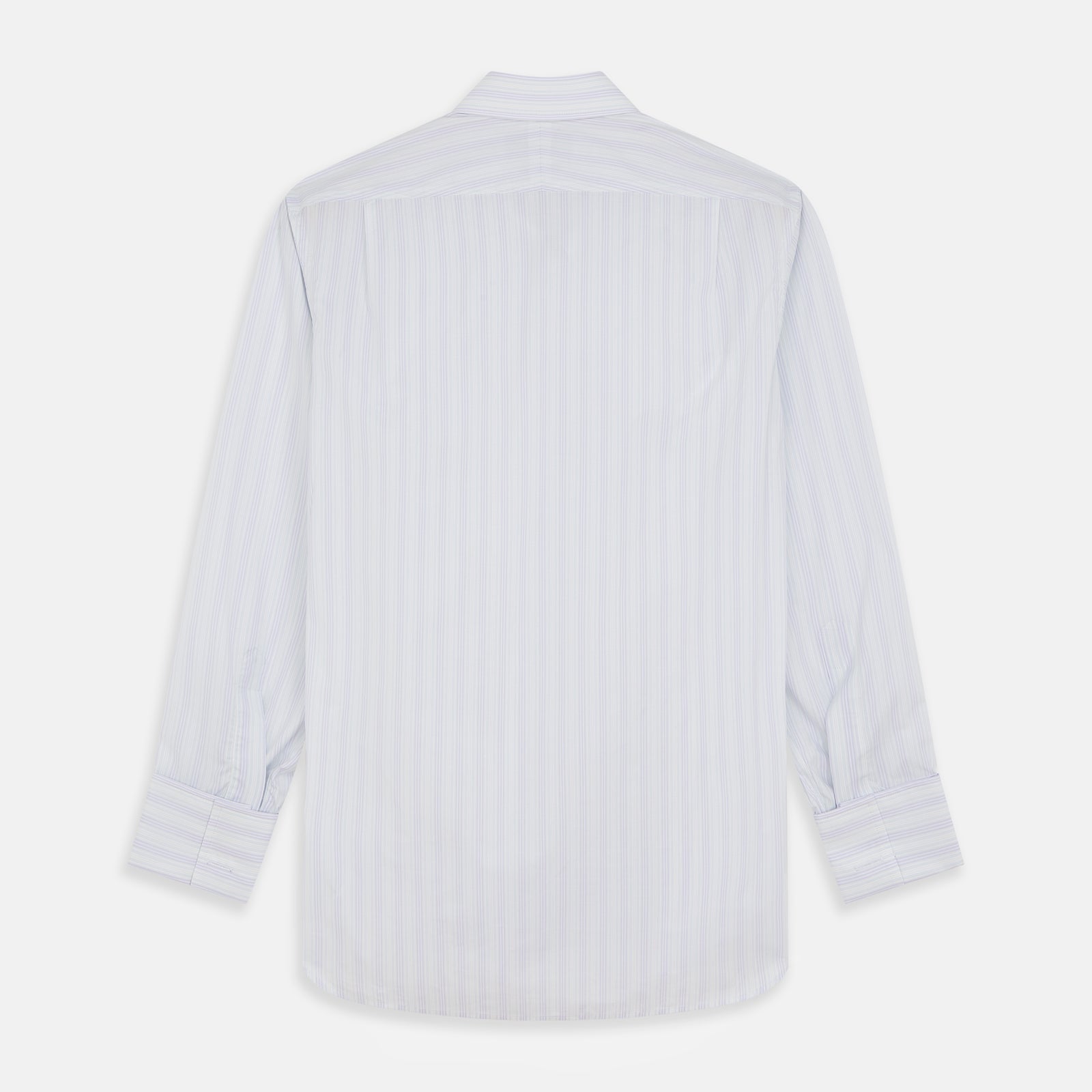 View 5 of product A Purple and Mint Multi Stripe Cotton Regular Fit Whitby Shirt by Turnbull & Asser with long sleeves, button-up front, pointed collar, and buttoned cuffs is laid flat on a white background.