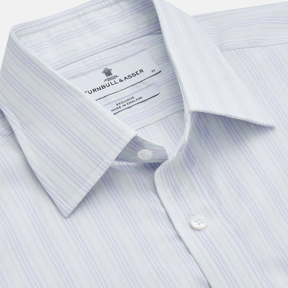 A Purple and Mint Multi Stripe Cotton Regular Fit Whitby Shirt by Turnbull & Asser with long sleeves, button-up front, pointed collar, and buttoned cuffs is laid flat on a white background.