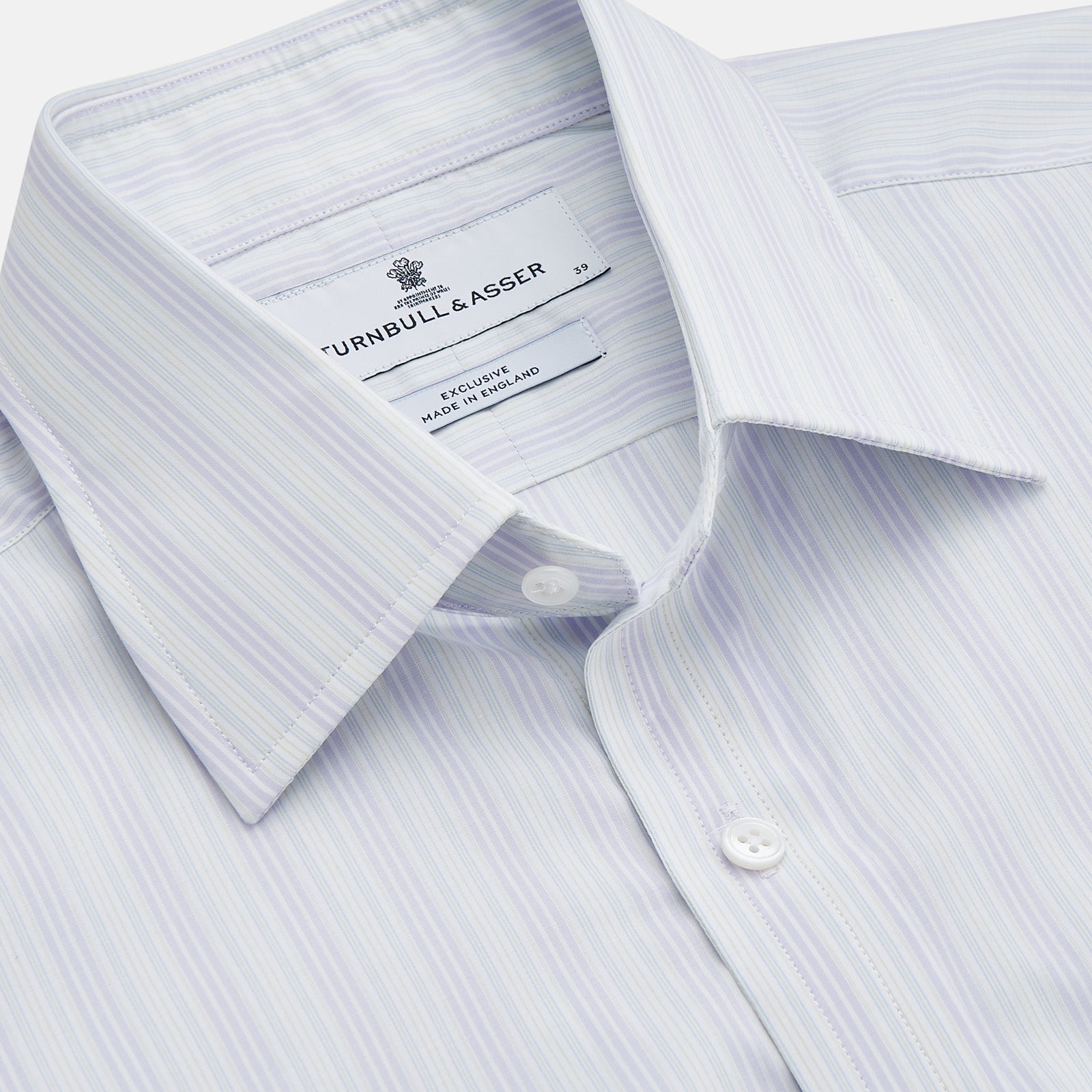 View 2 of product A Purple and Mint Multi Stripe Cotton Regular Fit Whitby Shirt by Turnbull & Asser with long sleeves, button-up front, pointed collar, and buttoned cuffs is laid flat on a white background.
