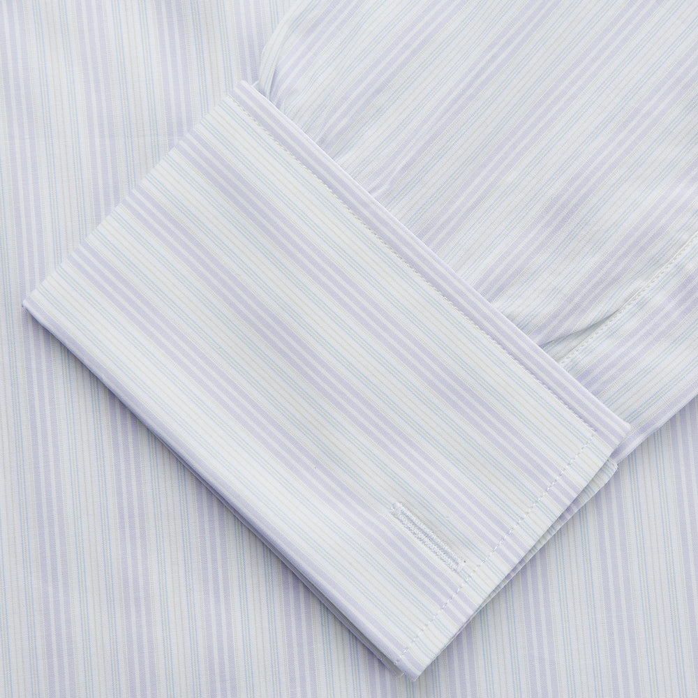 A Purple and Mint Multi Stripe Cotton Regular Fit Whitby Shirt by Turnbull & Asser with long sleeves, button-up front, pointed collar, and buttoned cuffs is laid flat on a white background.