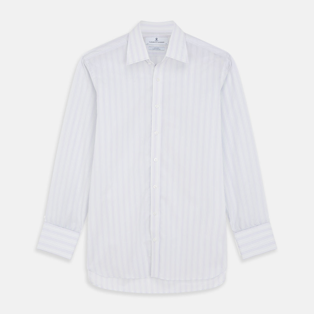 A Purple and Mint Multi Stripe Cotton Regular Fit Whitby Shirt by Turnbull & Asser with long sleeves, button-up front, pointed collar, and buttoned cuffs is laid flat on a white background.