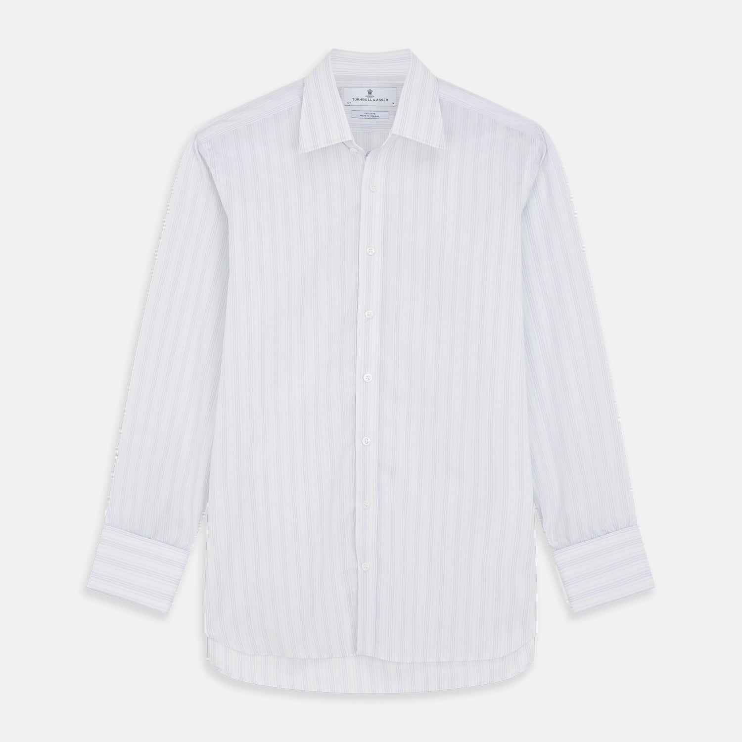 View 1 of product A Purple and Mint Multi Stripe Cotton Regular Fit Whitby Shirt by Turnbull & Asser with long sleeves, button-up front, pointed collar, and buttoned cuffs is laid flat on a white background.