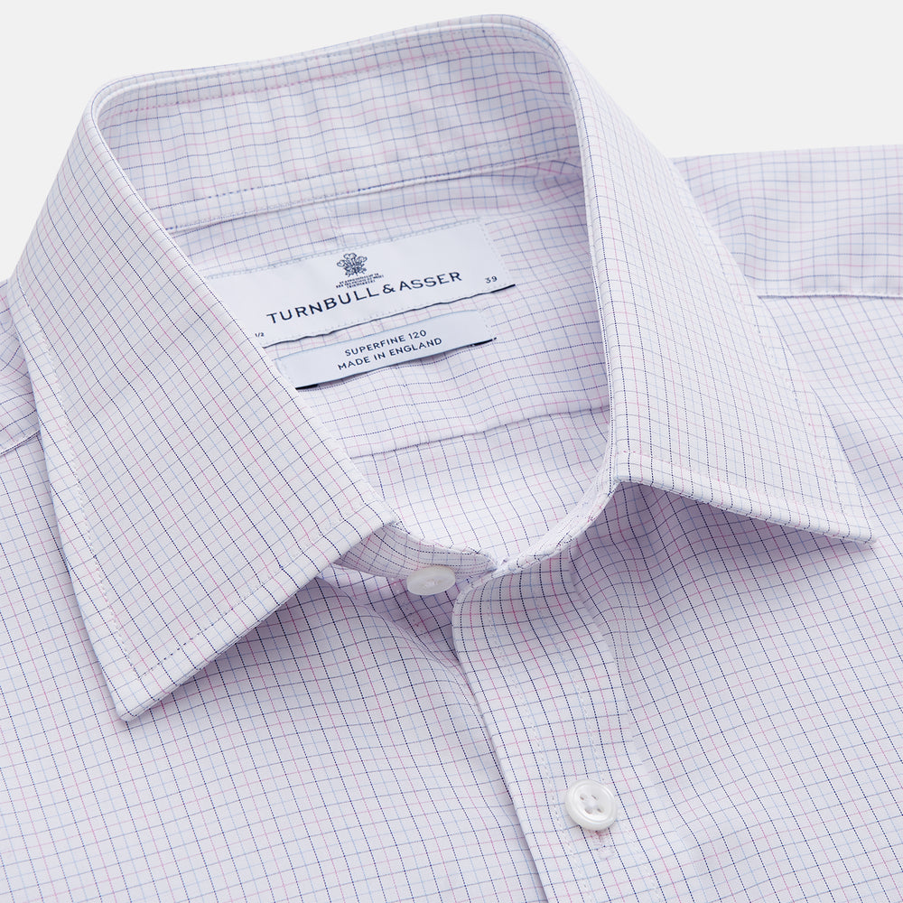The Turnbull & Asser Blue Multi Check Cotton Regular Fit Mayfair Shirt features long sleeves, a button-down front, pointed collar, and buttoned cuffs, displayed on a plain white background.