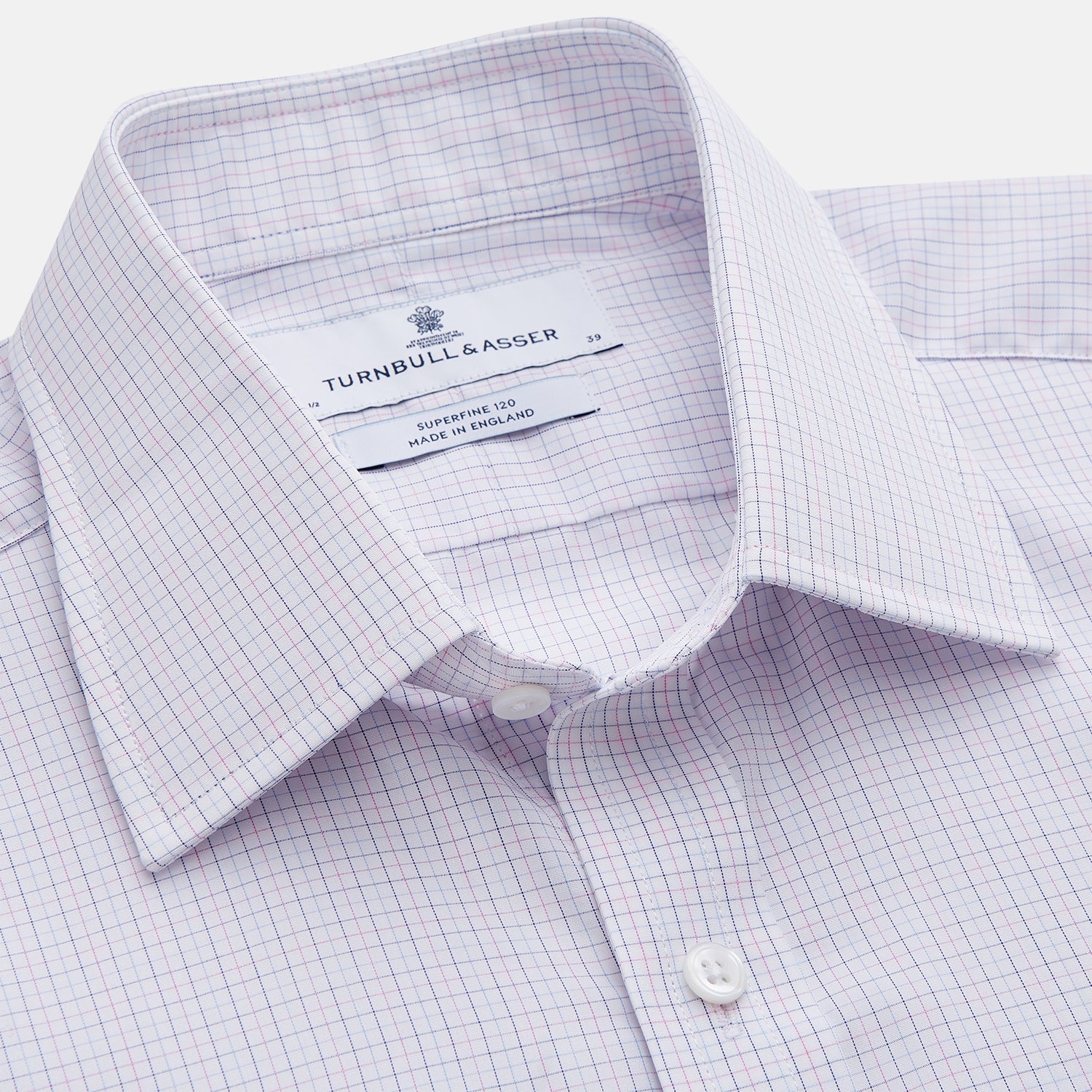 View 2 of product The Turnbull & Asser Blue Multi Check Cotton Regular Fit Mayfair Shirt features long sleeves, a button-down front, pointed collar, and buttoned cuffs, displayed on a plain white background.
