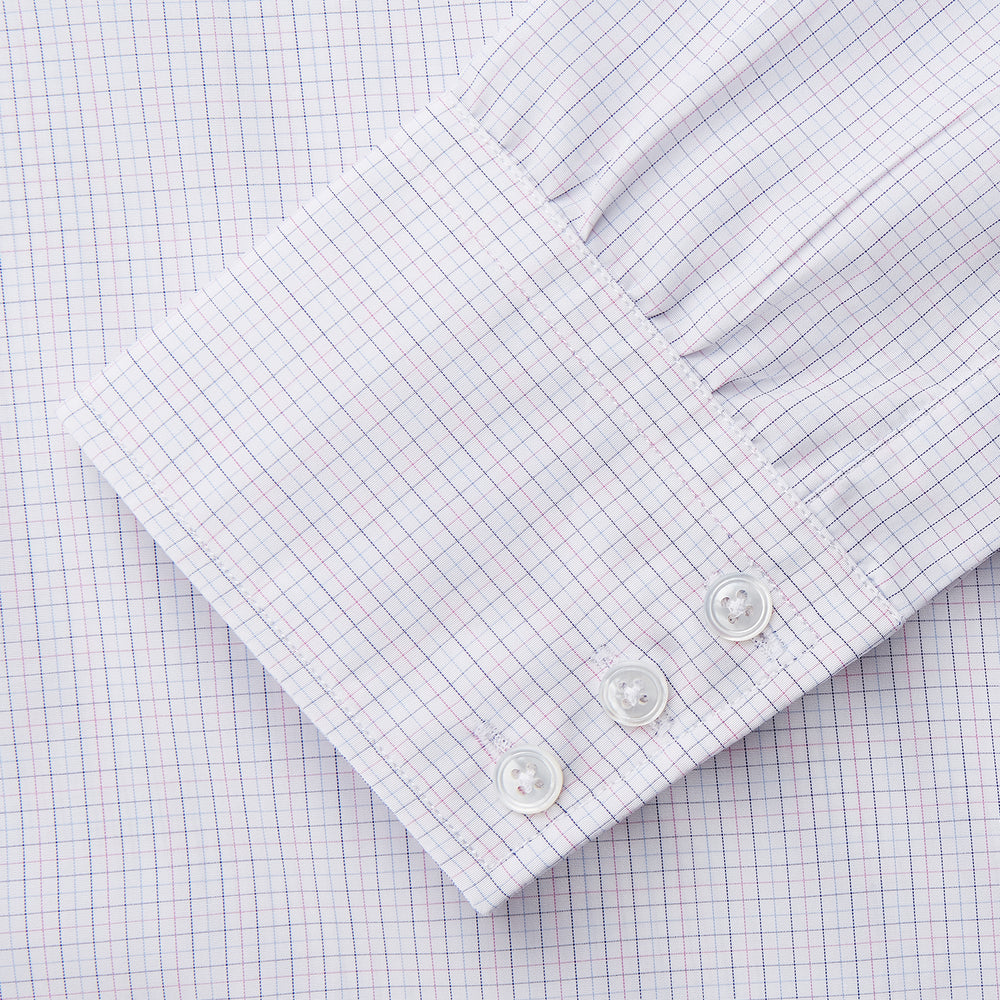 The Turnbull & Asser Blue Multi Check Cotton Regular Fit Mayfair Shirt features long sleeves, a button-down front, pointed collar, and buttoned cuffs, displayed on a plain white background.