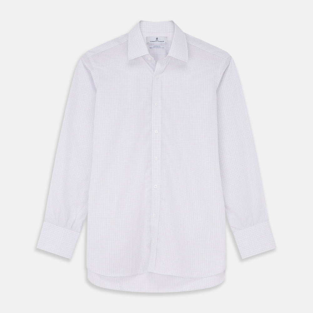 The Turnbull & Asser Blue Multi Check Cotton Regular Fit Mayfair Shirt features long sleeves, a button-down front, pointed collar, and buttoned cuffs, displayed on a plain white background.