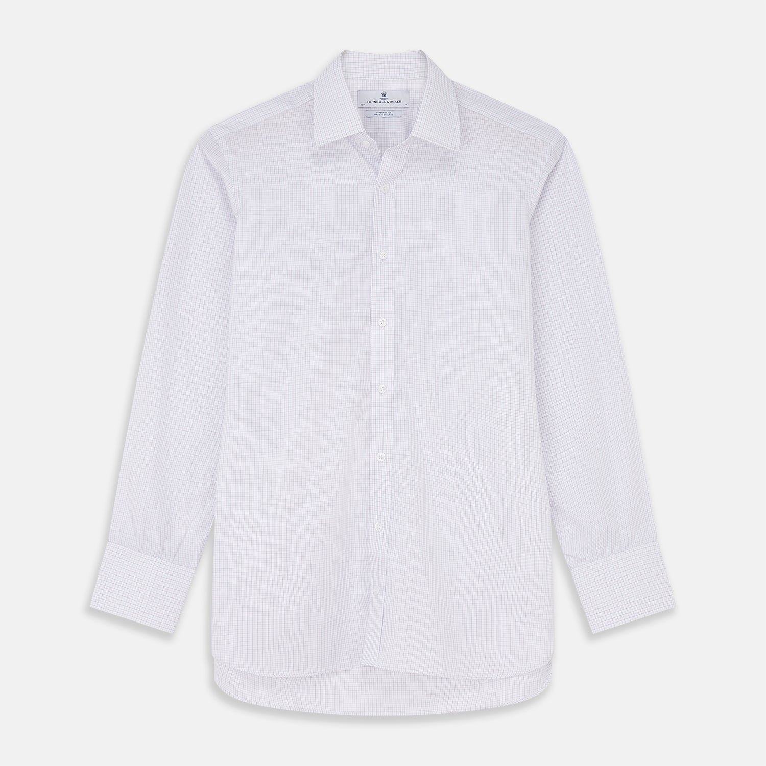 View 1 of product The Turnbull & Asser Blue Multi Check Cotton Regular Fit Mayfair Shirt features long sleeves, a button-down front, pointed collar, and buttoned cuffs, displayed on a plain white background.