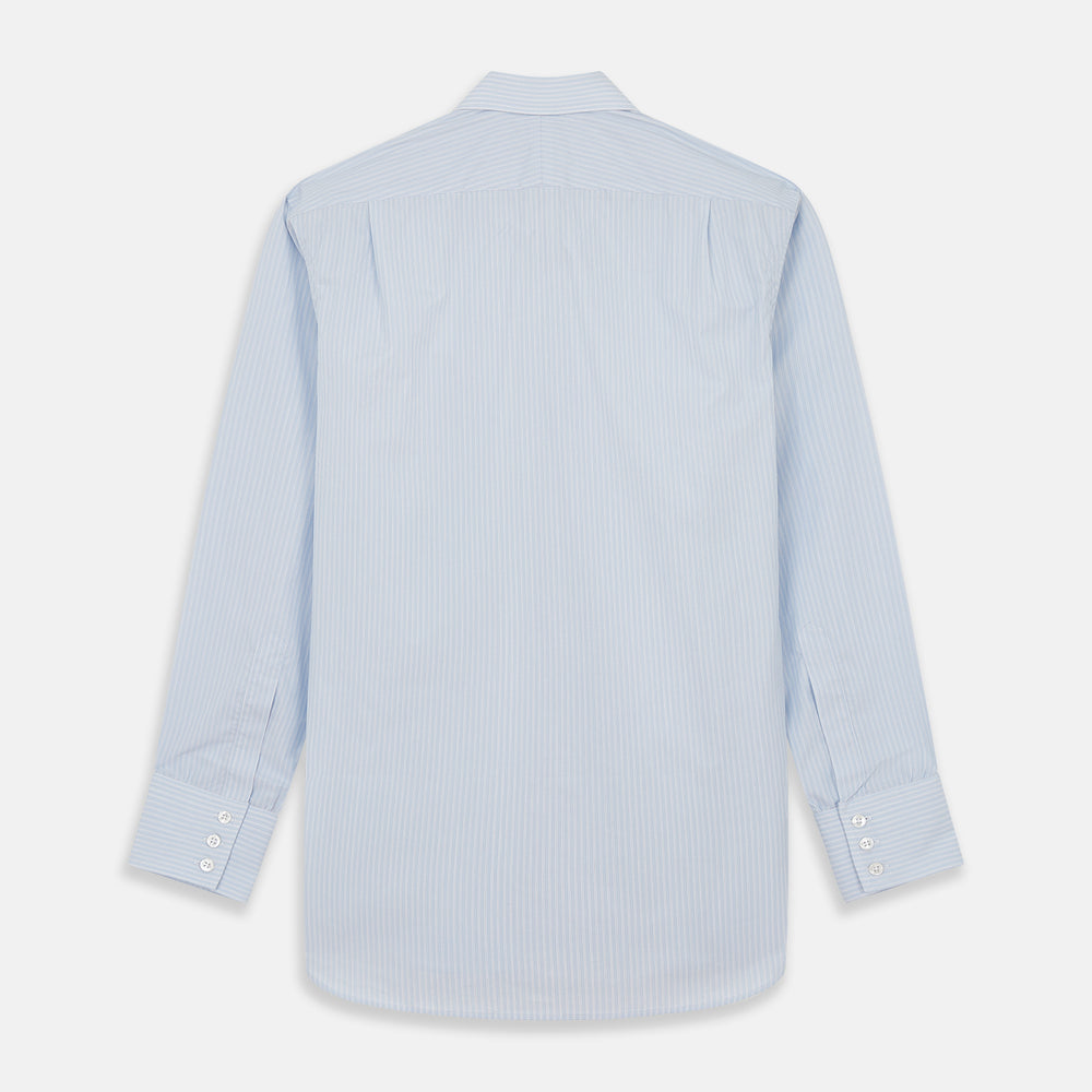 The Turnbull & Asser Pale Blue Stripe West Indian Sea Island Cotton Regular Fit Mayfair Shirt features long sleeves, a button-down front, and a classic collar—an essential for any men's wardrobe, shown on a plain white background.