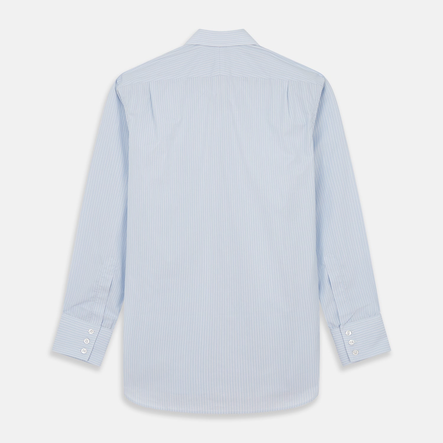 View 6 of product The Turnbull & Asser Pale Blue Stripe West Indian Sea Island Cotton Regular Fit Mayfair Shirt features long sleeves, a button-down front, and a classic collar—an essential for any men's wardrobe, shown on a plain white background.