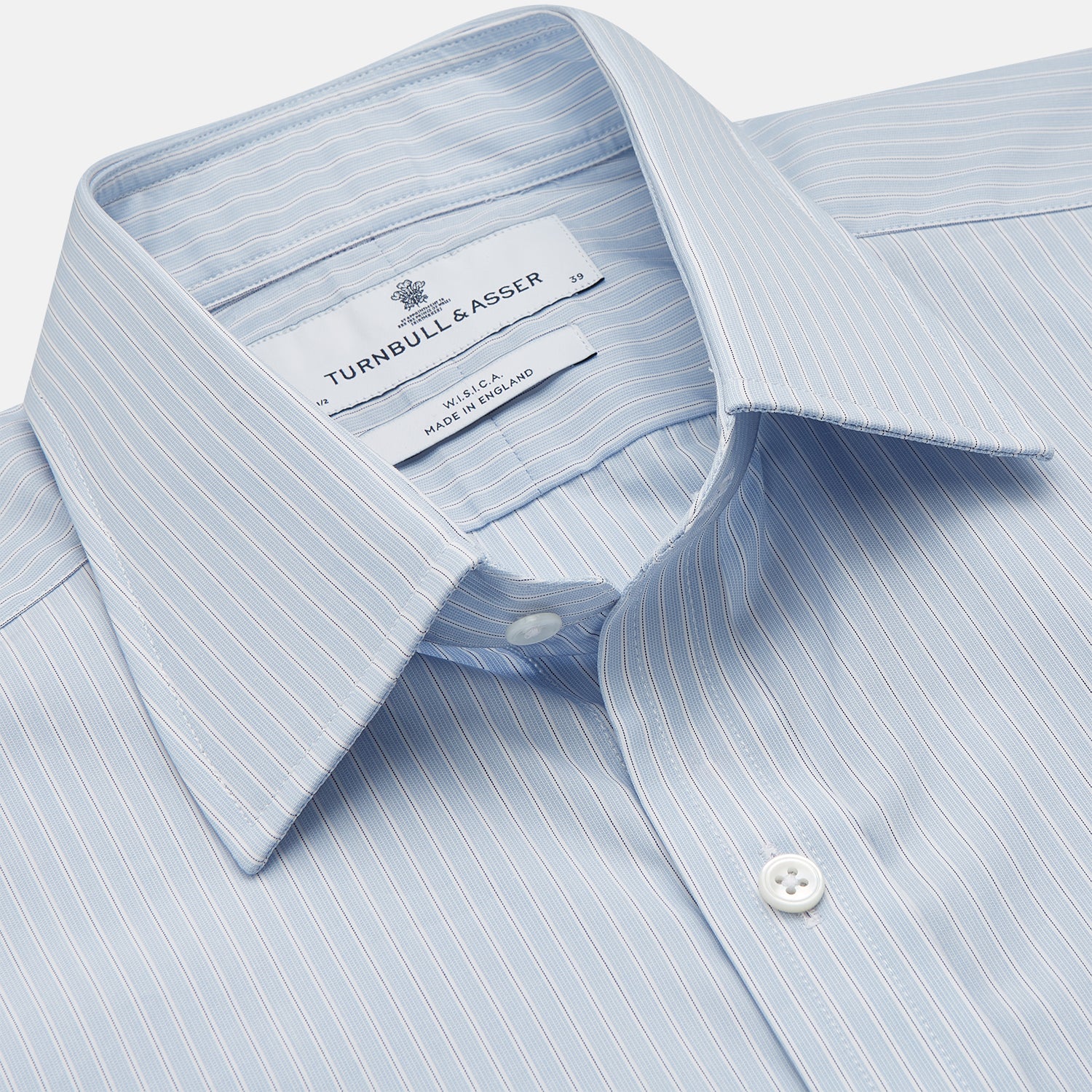View 3 of product The Turnbull & Asser Pale Blue Stripe West Indian Sea Island Cotton Regular Fit Mayfair Shirt features long sleeves, a button-down front, and a classic collar—an essential for any men's wardrobe, shown on a plain white background.