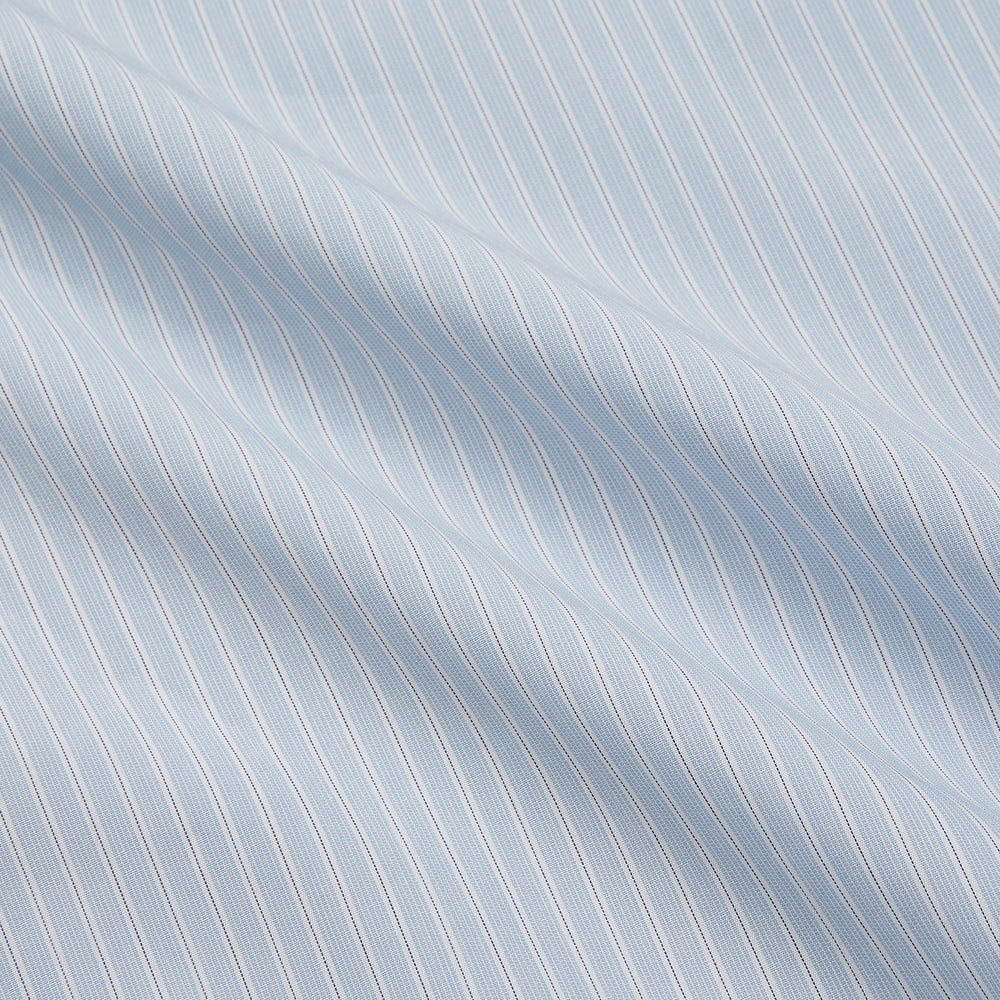 The Turnbull & Asser Pale Blue Stripe West Indian Sea Island Cotton Regular Fit Mayfair Shirt features long sleeves, a button-down front, and a classic collar—an essential for any men's wardrobe, shown on a plain white background.