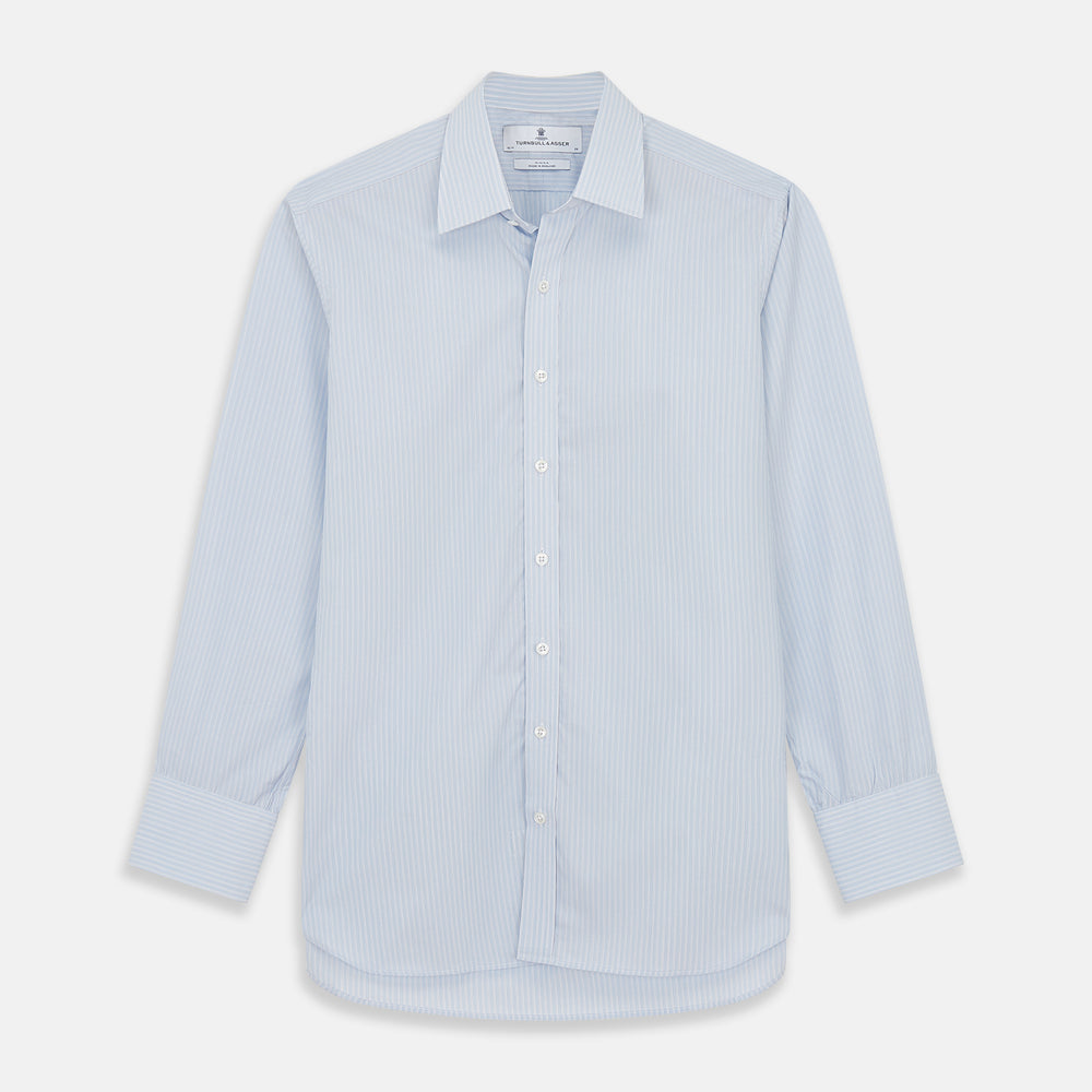 The Turnbull & Asser Pale Blue Stripe West Indian Sea Island Cotton Regular Fit Mayfair Shirt features long sleeves, a button-down front, and a classic collar—an essential for any men's wardrobe, shown on a plain white background.