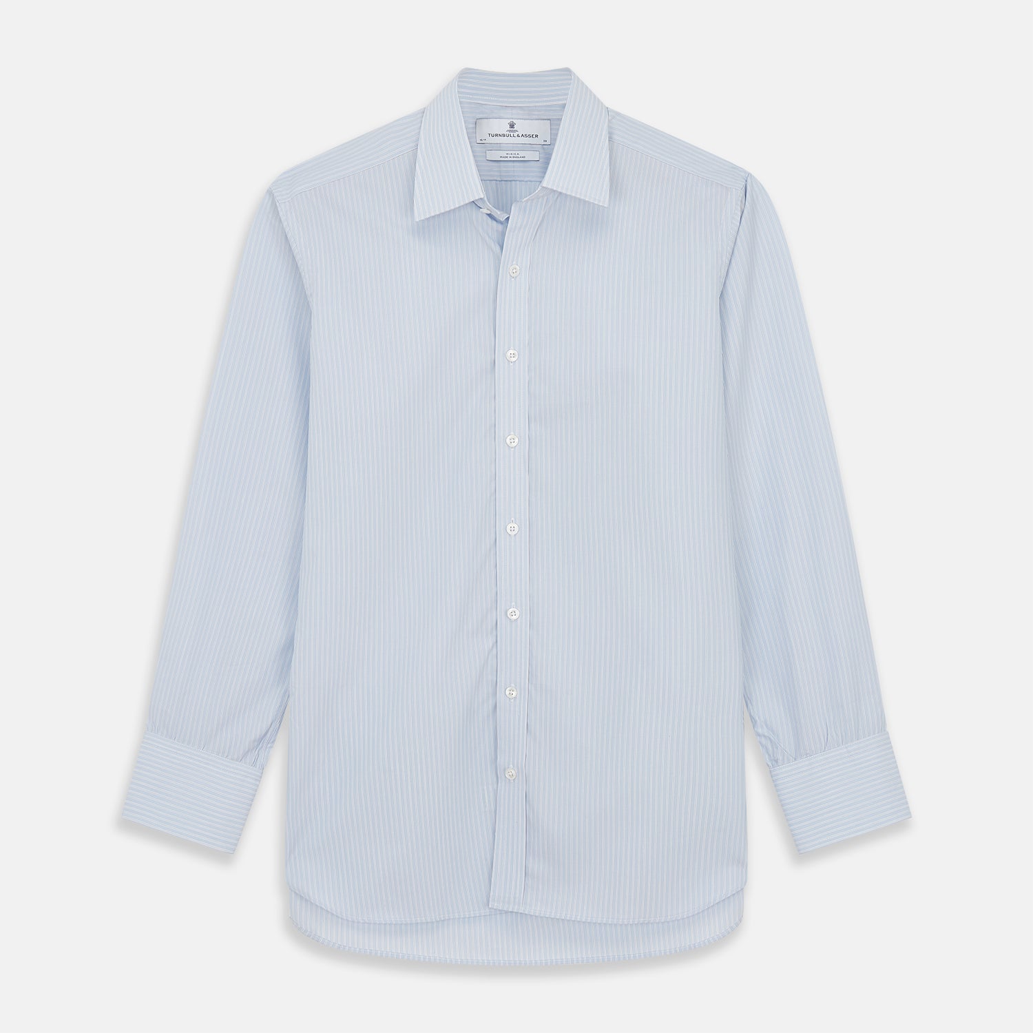 View 1 of product The Turnbull & Asser Pale Blue Stripe West Indian Sea Island Cotton Regular Fit Mayfair Shirt features long sleeves, a button-down front, and a classic collar—an essential for any men's wardrobe, shown on a plain white background.