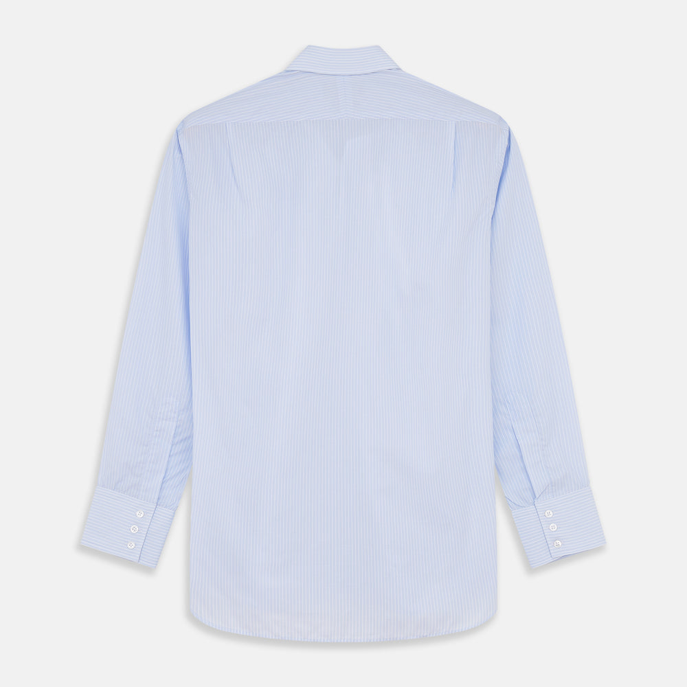 The Light Blue Multi-stripe Cotton Regular Fit Mayfair Shirt by Turnbull & Asser features a T&A collar, button-down front, and buttoned cuffs, displayed flat against a white background.