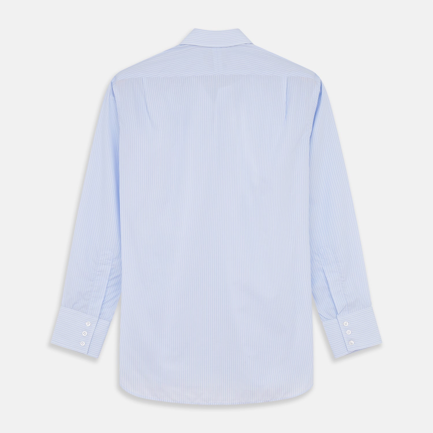 View 5 of product The Light Blue Multi-stripe Cotton Regular Fit Mayfair Shirt by Turnbull & Asser features a T&A collar, button-down front, and buttoned cuffs, displayed flat against a white background.