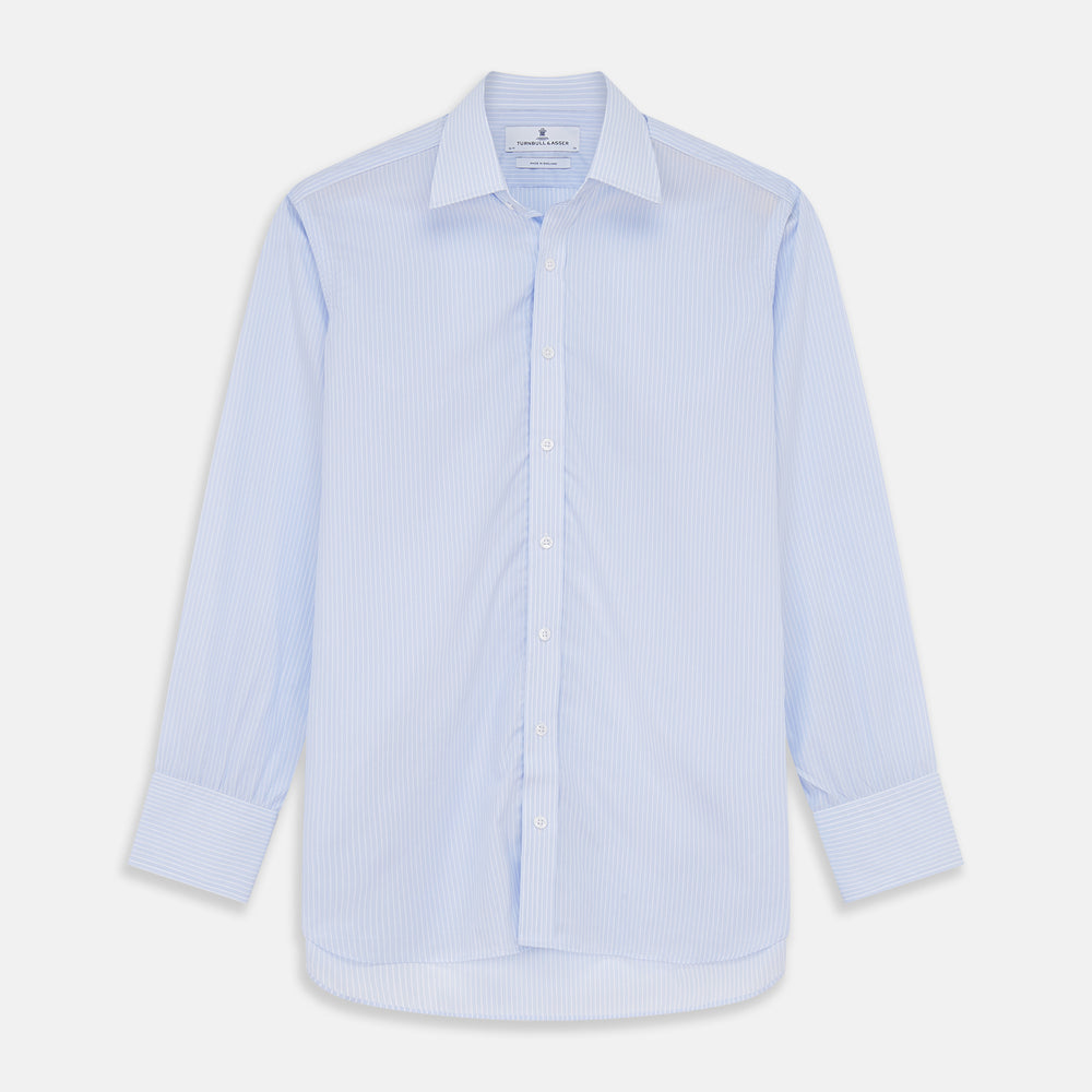 The Light Blue Multi-stripe Cotton Regular Fit Mayfair Shirt by Turnbull & Asser features a T&A collar, button-down front, and buttoned cuffs, displayed flat against a white background.