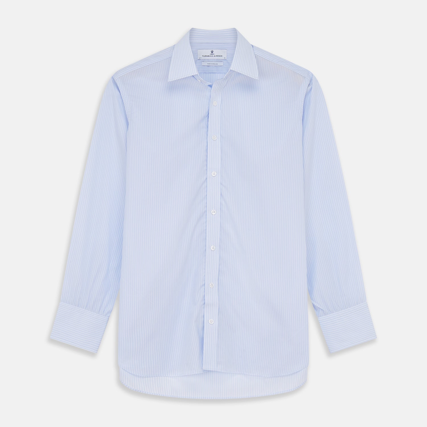 View 1 of product The Light Blue Multi-stripe Cotton Regular Fit Mayfair Shirt by Turnbull & Asser features a T&A collar, button-down front, and buttoned cuffs, displayed flat against a white background.