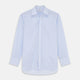 The Light Blue Multi-stripe Cotton Regular Fit Mayfair Shirt by Turnbull & Asser features a T&A collar, button-down front, and buttoned cuffs, displayed flat against a white background.