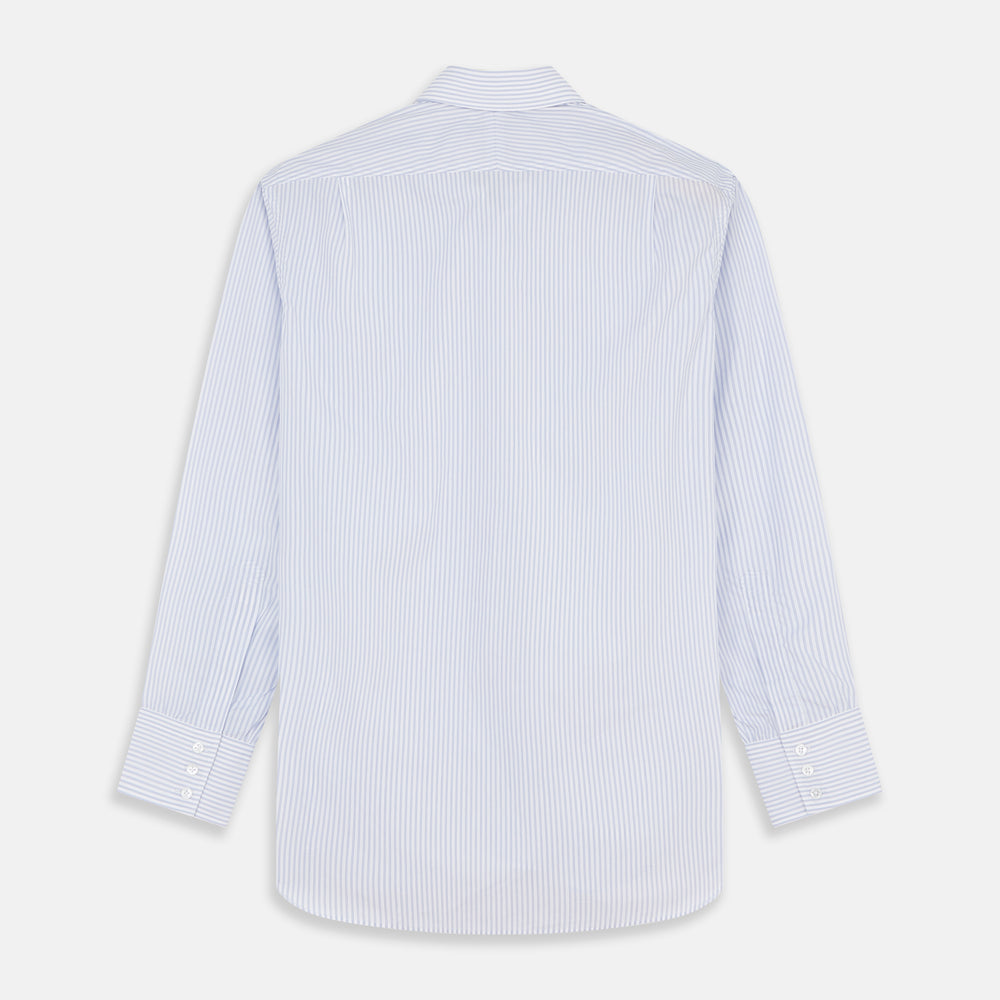 The Turnbull & Asser Pale Blue and White Multi-stripe Cotton Regular Fit Mayfair Shirt features a T&A collar and buttoned cuffs, shown on a plain white background.