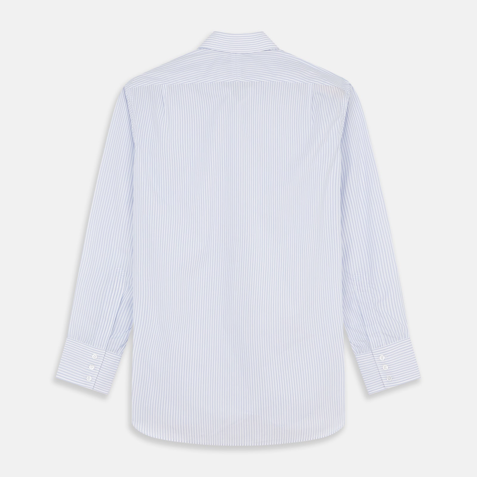 View 5 of product The Turnbull & Asser Pale Blue and White Multi-stripe Cotton Regular Fit Mayfair Shirt features a T&A collar and buttoned cuffs, shown on a plain white background.