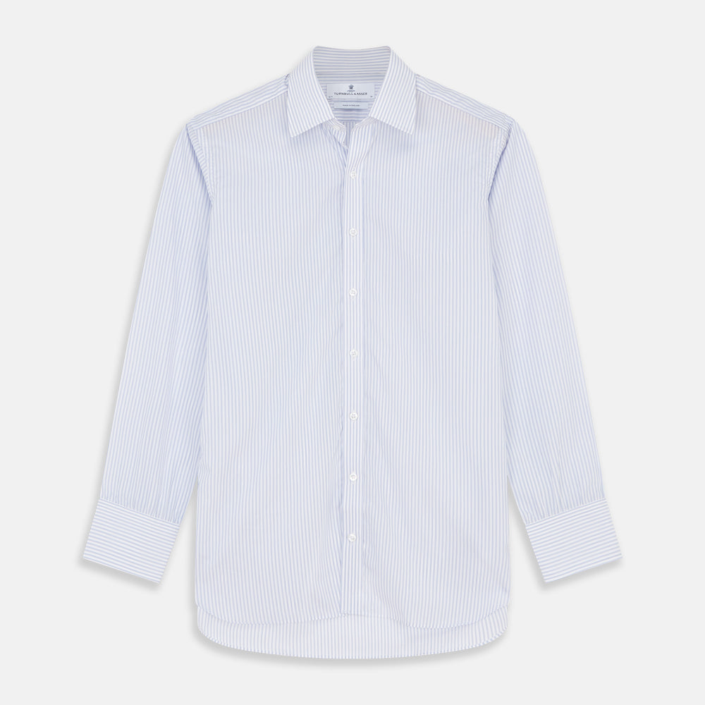 The Turnbull & Asser Pale Blue and White Multi-stripe Cotton Regular Fit Mayfair Shirt features a T&A collar and buttoned cuffs, shown on a plain white background.